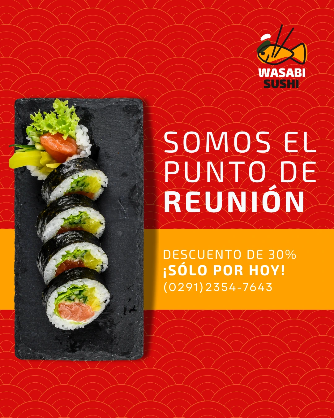 Diseño de contenido promocional para un restaurante de sushi, Tabla de sushi con 5 roles Diseño de contenido promocional para un restaurante de sushi, Tabla de sushi con 5 roles