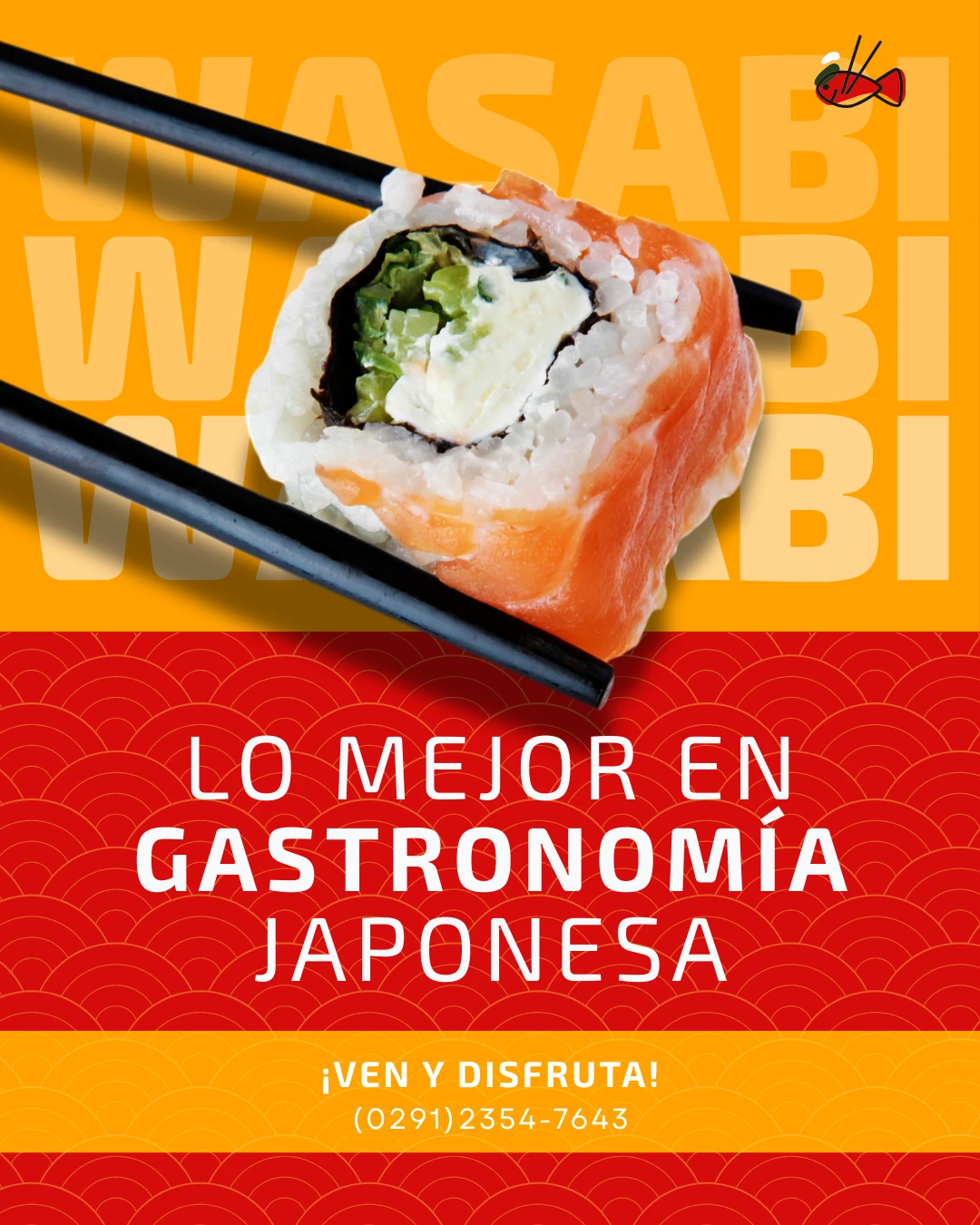Diseño de contenido promocional para un restaurante de sushi, un rollo tomado por dos palitos Diseño de contenido promocional para un restaurante de sushi, un rollo tomado por dos palitos