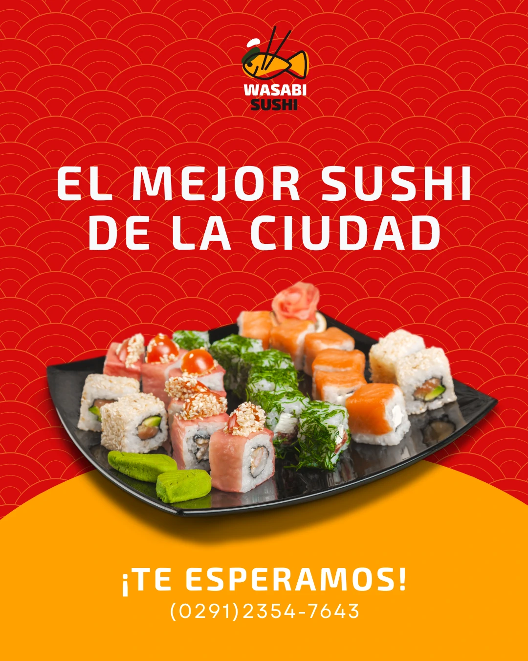 Diseño de contenido promocional para un restaurante de sushi, Foto en primer plano de un plato de sushi Diseño de contenido promocional para un restaurante de sushi, Foto en primer plano de un plato de sushi