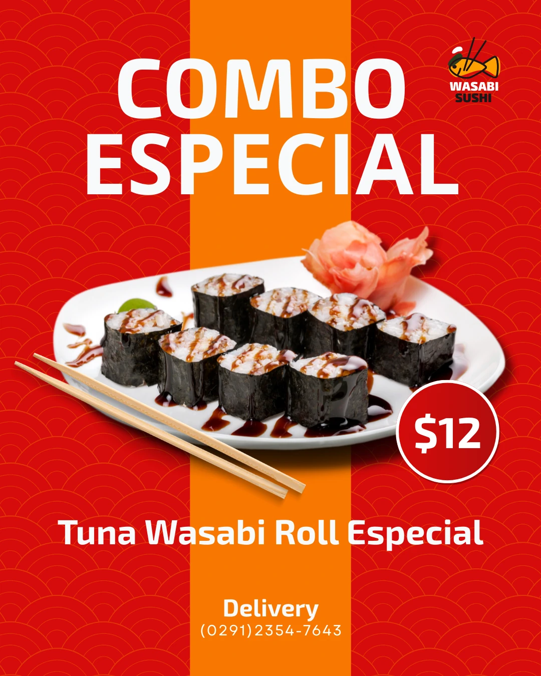 Diseño de contenido promocional para un restaurante de sushi con precio Diseño de contenido promocional para un restaurante de sushi con precio